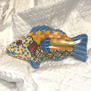 MacKenzie-Childs Ceramic Fish Knob 5in Colorful Checker Blue Pull Handle